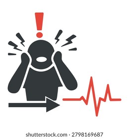 Solid Glyph Panic Attack and Medical Emergency Icon with Person in Distress, Heartbeat Monitor and Anxiety Crisis Concept
