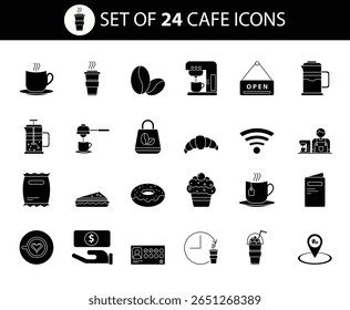 Solid glyph style cafe icons set. 24 bold vector icons of coffee cups, beans, food, and cafe essentials. Perfect for branding and UI design.