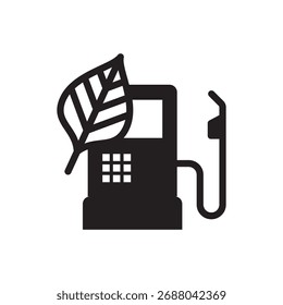 Bomba de gasolinera de estilo glifo sólido con Vector de ícono de energía de combustible renovable de hojas.