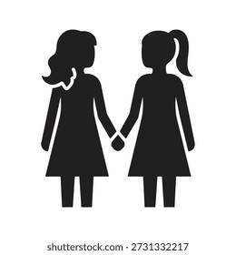 Icono de Vector de glifo sólido que ilustra dos mujeres que toman de las manos pareja lesbiana hermanas amigos relación femenina conexión amorosa niñas