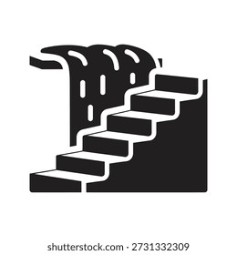 Solid glyph vector icon illustrating waterfall model representation or stairs with flowing water project management methodology process cascade
