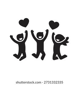 Solid glyph vector icon illustrating happy jumping people with hearts celebration joy love excitement success friends team active motion