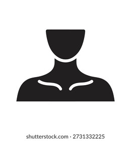 Solid glyph vector icon showing human neck and shoulders anatomy body part chest bust health medical head throat physique silhouette