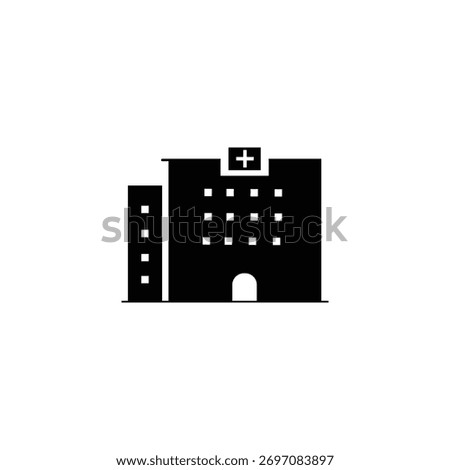 Solid glyph vector of a medical clinic and healthcare center. This hospital building is  a icon and cross symbol.