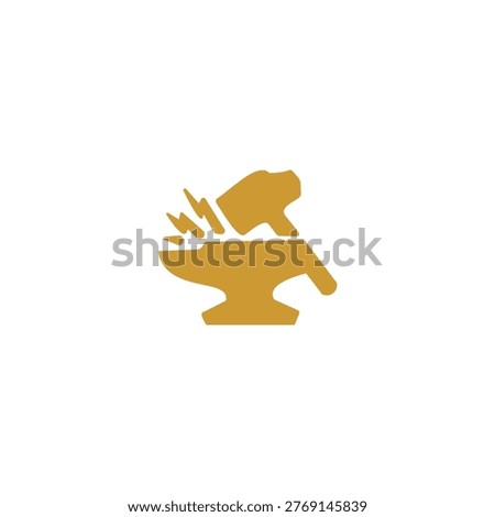 A solid golden-yellow silhouette of a blacksmith's anvil being struck by a hammer. Stylized sparks or lightning bolts emerge from the point of impact, symbolizing craftsmanship, strength, industrial work, and the forging of new ideas.
