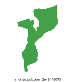 Mapa de silhueta verde sólido ilustrando toda a área de Moçambique sem quaisquer fronteiras internas ou etiquetas geográficas.