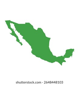 Mapa de silhueta verde sólido ilustrando toda a área do México sem quaisquer fronteiras internas ou rótulos geográficos.