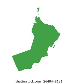 Solid green silhouette map illustrating the whole area of Oman without any internal borders or geographic labels.