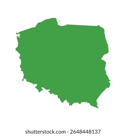 Solid green silhouette map illustrating the whole area of Poland without any internal borders or geographic labels.