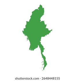Solid green silhouette map illustrating the whole area of Myanmar without any internal borders or geographic labels.