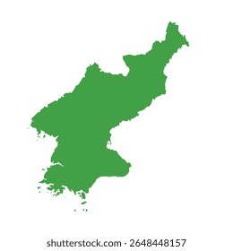 Mapa de silhueta verde sólido que ilustra toda a área da Coreia do Norte sem fronteiras internas ou rótulos geográficos.