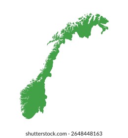 Mapa de silhueta verde sólido que ilustra toda a área da Noruega sem quaisquer fronteiras internas ou rótulos geográficos.