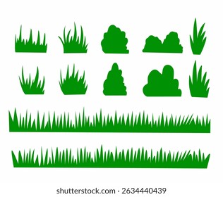 Solid green vector set of grass and bushes. Great for landscaping icons, nature scenes, games, and eco-friendly designs