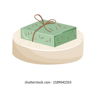 Solid handmade soap. Organic cosmetics with dried flowers. Herbal body care. Vector illustration in flat style isolated on white background