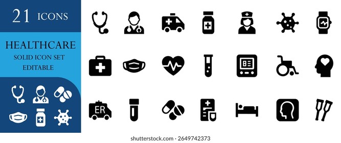 Solid healthcare icon set featuring doctor, hospital, ambulance, medicine, stethoscope, diagnosis, emergency, support, wellness, virus.