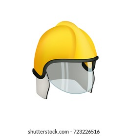 Solid helmet of firefighter with cover for face isolated cartoon flat vector illustration on white background. Protective fireproof convenient headgear.