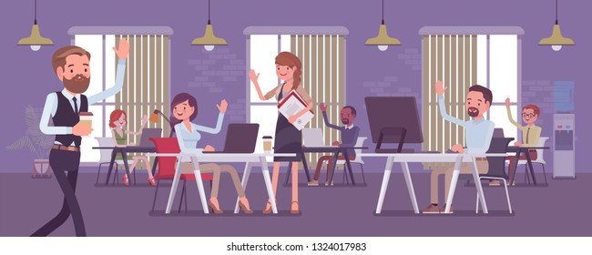 Solid and high performing team in the office. Group of people working together effectively for a common business goal, achieve good results, happy employees greet positive manager. Vector illustration