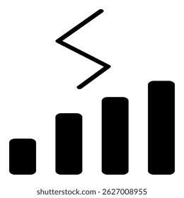 Solid icon of a bar chart combined with a lightning bolt, representing fast performance, power analytics, or data surge