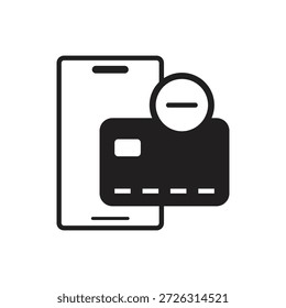 Icono sólido de la tarjeta de crédito con menos en el teléfono inteligente.