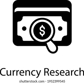 Icono sólido de la investigación de moneda, lupa en el billete 