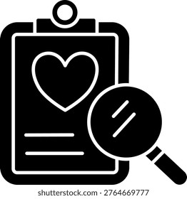 Solid icon of health clipboard with heart and magnifying glass.