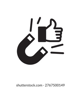 Icono sólido de un imán que atrae un pulgar hacia arriba que representa un alto compromiso y atracción de redes sociales.