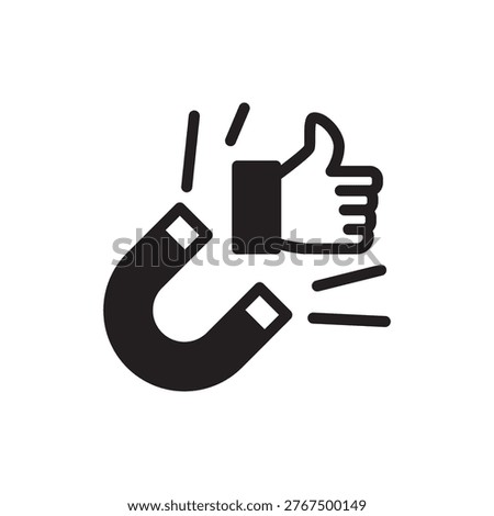 Solid icon of a magnet attracting a thumb up representing high engagement and social media attraction.