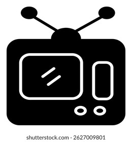 Ícone sólido de uma televisão à moda antiga com antenas, simbolizando mídia vintage, transmissão clássica ou entretenimento retro