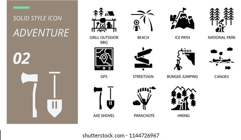 solid icon pack . Icons for adventure, grill, outdoor, beach,ice path,national park,gps,street sign,bungee jumping,canoes,axe shovel,parachute,hiking.