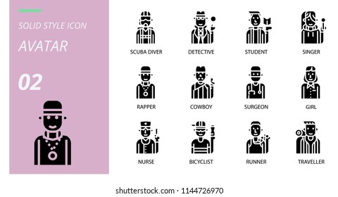 solid icon pack . Icons for avatars, scuba diver, detective, student, singer, rapper, cowboy, surgeon, girl, nurse, cyclist, runner, traveler.