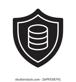 A solid icon representing database security in the form of a shield, presented in isolation on a clean white background.