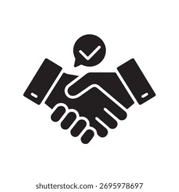 A solid icon representing negotiation, featuring a handshake, presented clearly isolated on a white background.