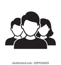 Um ícone sólido representando um rosto neutro dentro de um grupo diverso de pessoas, apresentado isolado em um fundo branco.