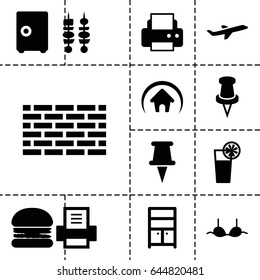 Solid icon. set of 13 filled solidicons such as wardrobe, bra, printer, pin, plane, cocktail, kebab, home, burger, safe