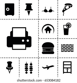 Solid icon. set of 13 filled solidicons such as wardrobe, bra, printer, pizza, pin, plane, cocktail, kebab, home, burger, safe