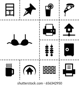 Solid icon. set of 13 filled solidicons such as wardrobe, bra, printer, pizza, cocktail, kebab, home, mug, pin, safe