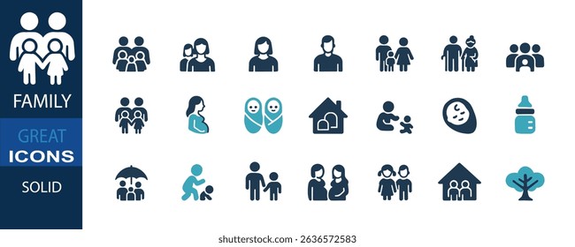 Solid icon set of 21 family and parenting concepts, including parents, children, grandparents, adoption, caregiving, and home life. Ideal for apps, websites, and infographics.