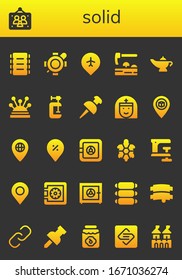 solid icon set. 26 filled solid icons. Included Ribs, Picture frames, Turtle, Pin, Adze, Magic lamp, Pins, Clamp, Nun, Safe box, Safe, Hyperlink, Jam, Spark page, Fortress icons