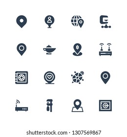 solid icon set. Collection of 16 filled solid icons included Safe, Pin, Clamp, Router, Tortoise, Safe box, Magic lamp