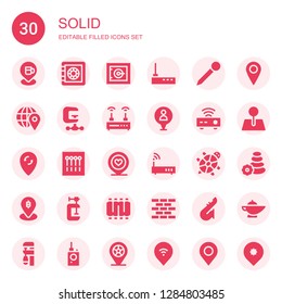 solid icon set. Collection of 30 filled solid icons included Pin, Safe box, Safe, Router, Clamp, Pins, Tortoise, Ribs, Brick wall, Saxophone, Stone, Magic lamp, Bug detector