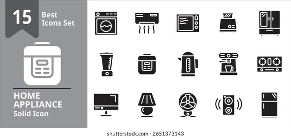 Solid icon set of essential home appliances including washing machine, refrigerator, microwave, vacuum cleaner, and smart home devices, ideal for e-commerce, UI design, and household product catalogs.