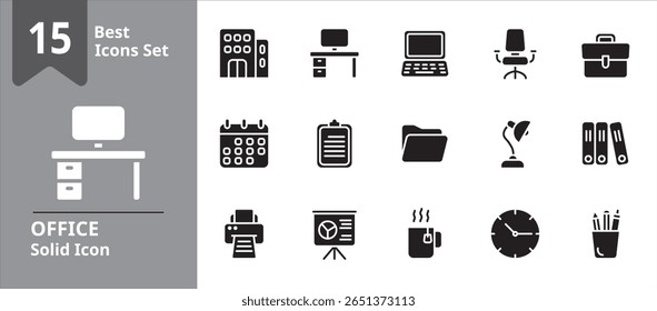 Conjunto sólido de ícones com elementos comuns do escritório, incluindo laptop, reunião, gerenciamento de tarefas, documentos e ferramentas de comunicação, perfeito para IU, painéis e apresentações comerciais.