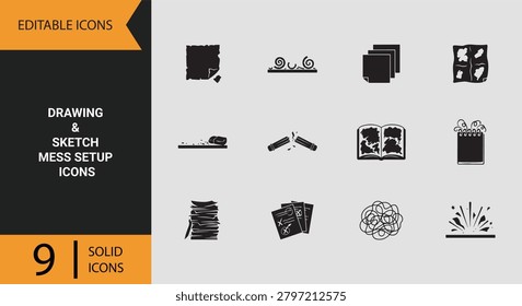 Solid icon set featuring sketching materials drawing tools and artistic workspace elements suitable for illustration projects creative education and visual design resources.