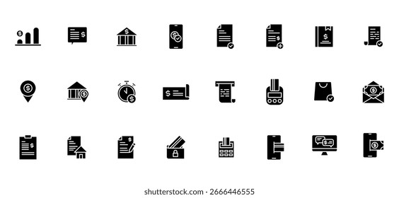 Solid Icon definiu o conceito de finanças, negócios e contabilidade. Dinheiro, investimento, lógica analítica, pagamento etc. conjunto de ícone de Glifo preto e branco