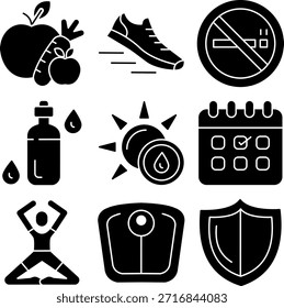 Sólido conjunto de ícones de estilo de vida saudável, fitness e esportes