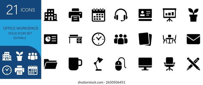 Sólido conjunto de ícone de espaço de trabalho de escritório com laptop, mesa, cadeira, área de transferência, equipe, programação e ferramentas de negócios. Perfeito para trabalho corporativo e remoto.

