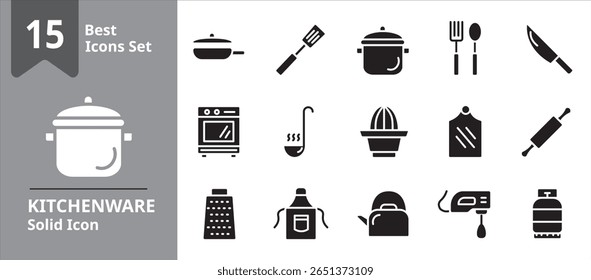 Sólido conjunto de ícones representando itens essenciais de utensílios de cozinha, incluindo panela de cozinha, faca, espátula, placa de corte e tigela de mistura, adequado para aplicativos de receita, blogs de cozinha e projetos relacionados à comida.