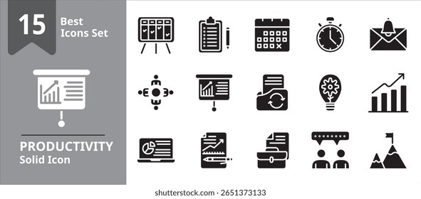 Sólido conjunto de ícones que representam ferramentas de produtividade e organização, incluindo gerenciamento de tarefas, planejamento de calendário, controle de tempo, definição de metas e rotina diária, ideal para aplicativos de negócios, planejadores pessoais