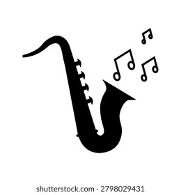 Solid icon showing a saxophone with floating musical notes representing jazz music, melody creation, musical performance, and entertainment concepts.	
