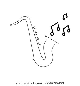 Solid icon showing a saxophone with floating musical notes representing jazz music, melody creation, musical performance, and entertainment concepts.	

